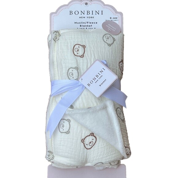 BONBINI Muslin Fleece Baby Blanket Stepping Stones Bear Face Ivory Reversible - Picture 1 of 5